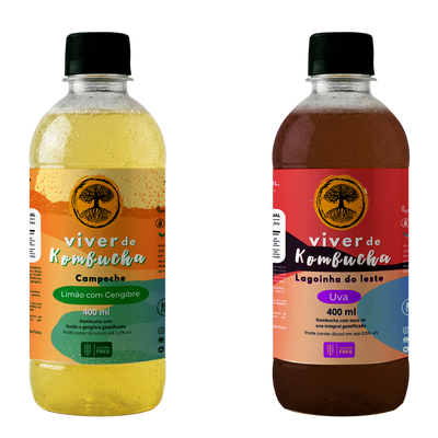 Kit com 12 Kombuchas de Limão com Gengibre e Uva 400ml